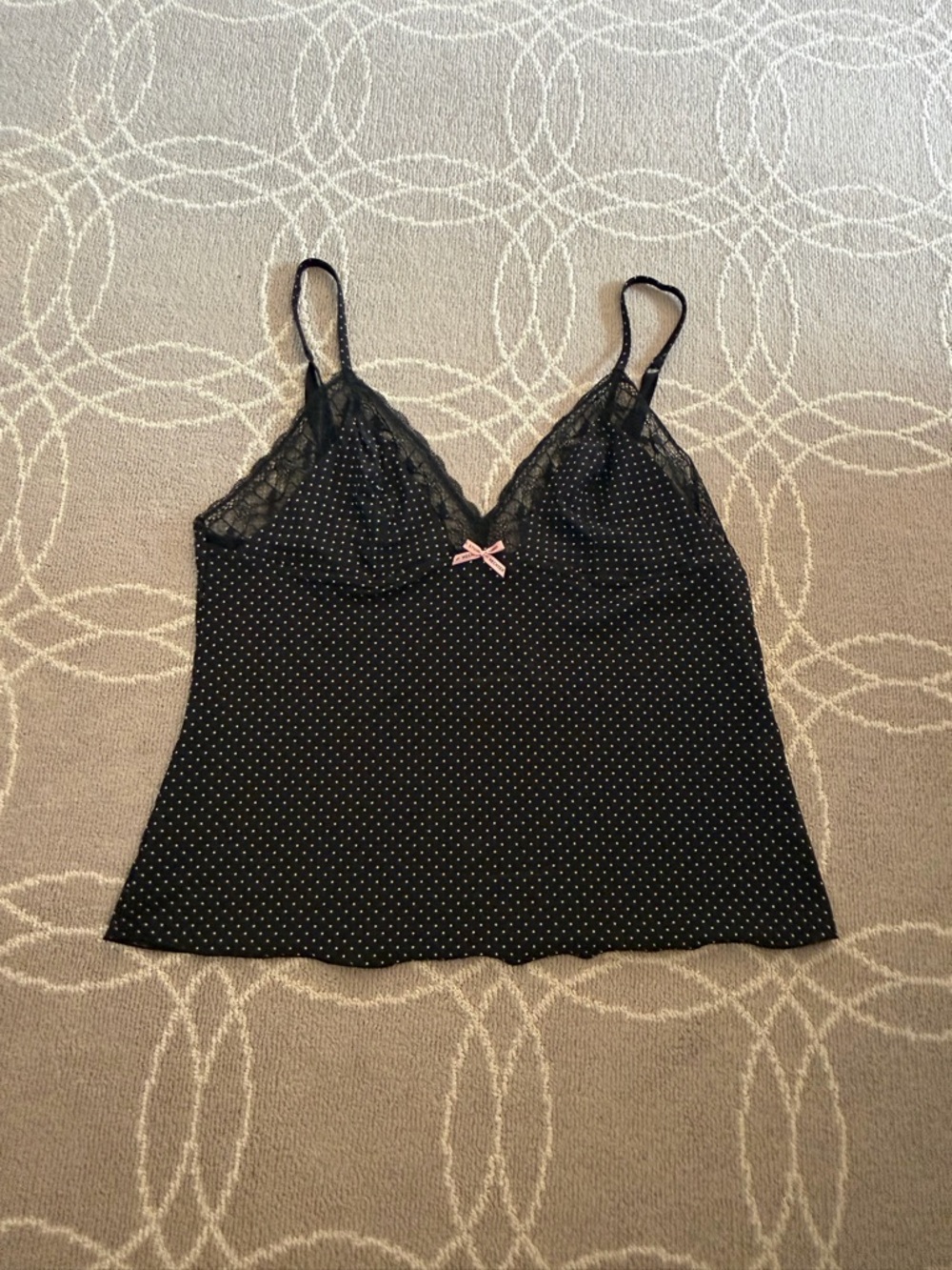 Vintage Black Polka Dot Lace Trim Camisole with Pink Bow